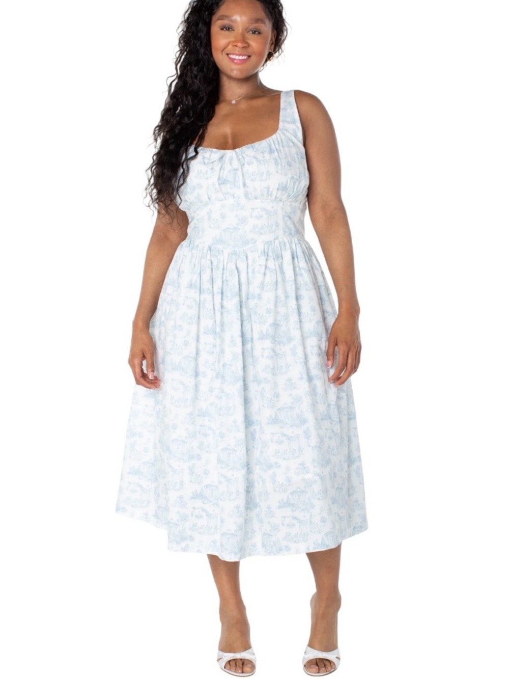 Brighton Light Blue Toile Midi Dress with Square Neck